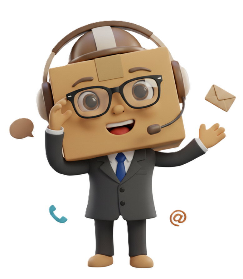 Mascotte Delivyou souriante en costume, représentant le service client de la plateforme de livraison entre particuliers