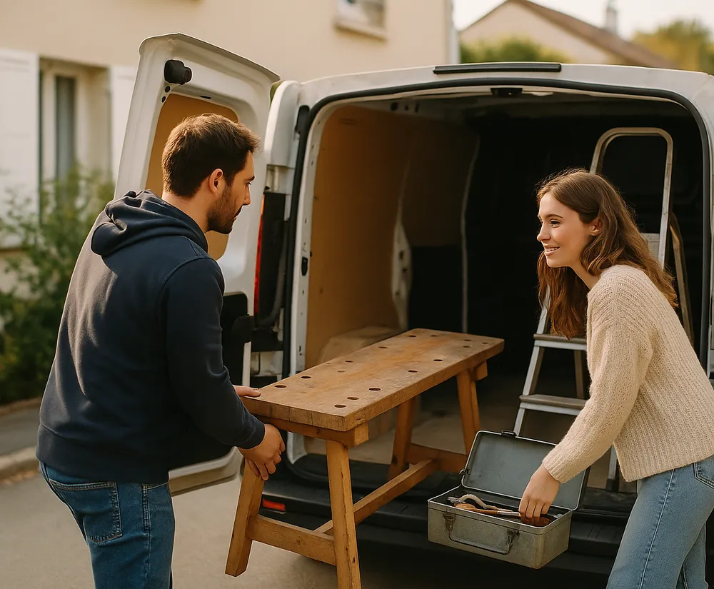 Deux particuliers chargent un établi, un escabeau et une caisse à outils dans un utilitaire.