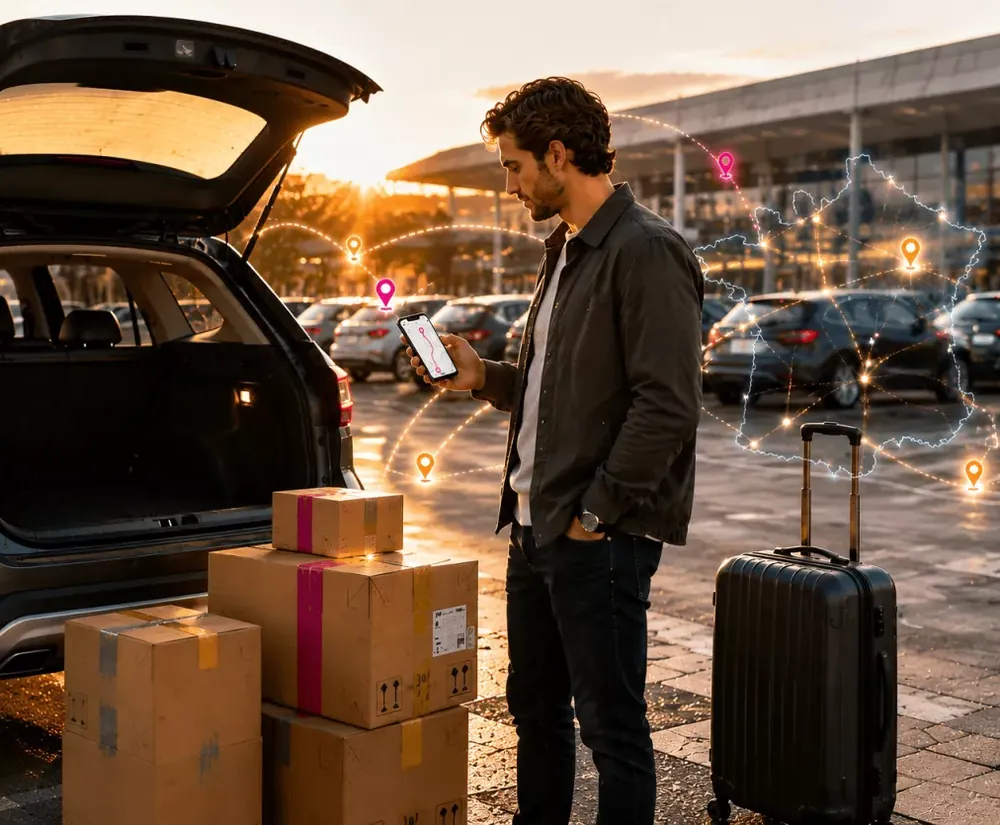Un particulier près d'un coffre ouvert avec une valise et des cartons à transporter.