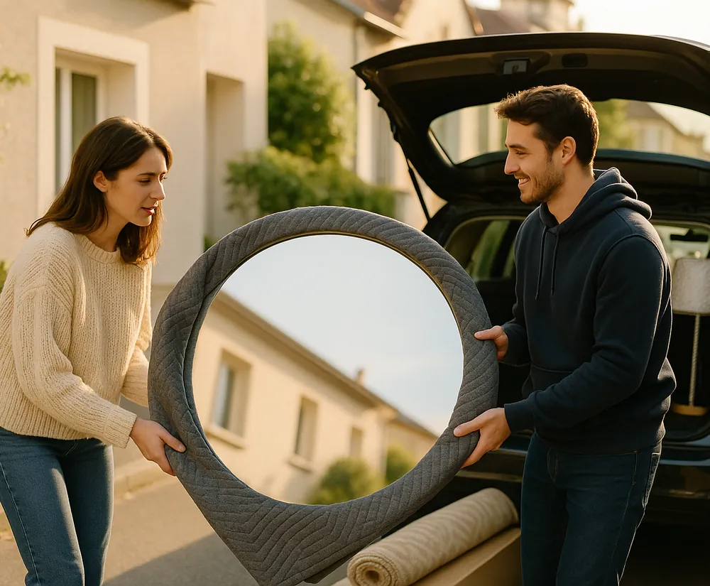 Deux particuliers portent un grand miroir protégé vers un coffre où attendent un tapis roulé et un lampadaire.