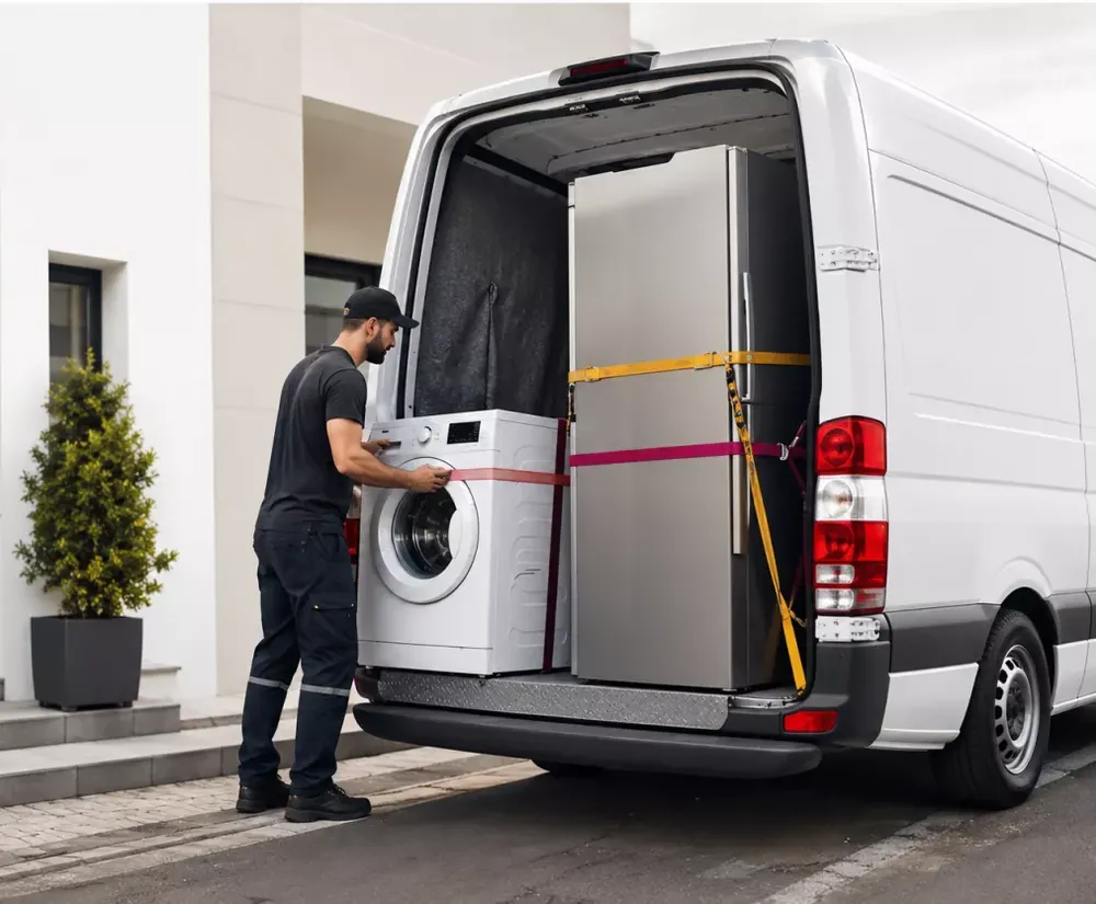 Un réfrigérateur et un lave-linge sanglés à l'arrière d'un utilitaire.