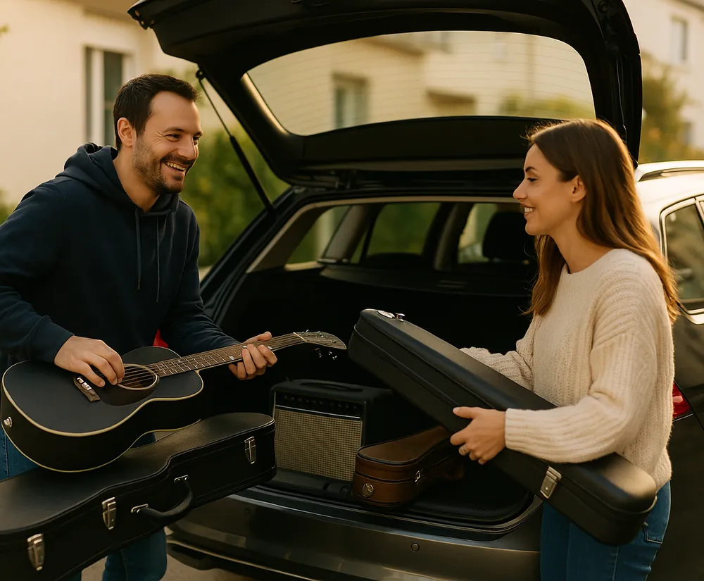 Deux particuliers chargent une guitare, son étui et un ampli dans le coffre d'une voiture.