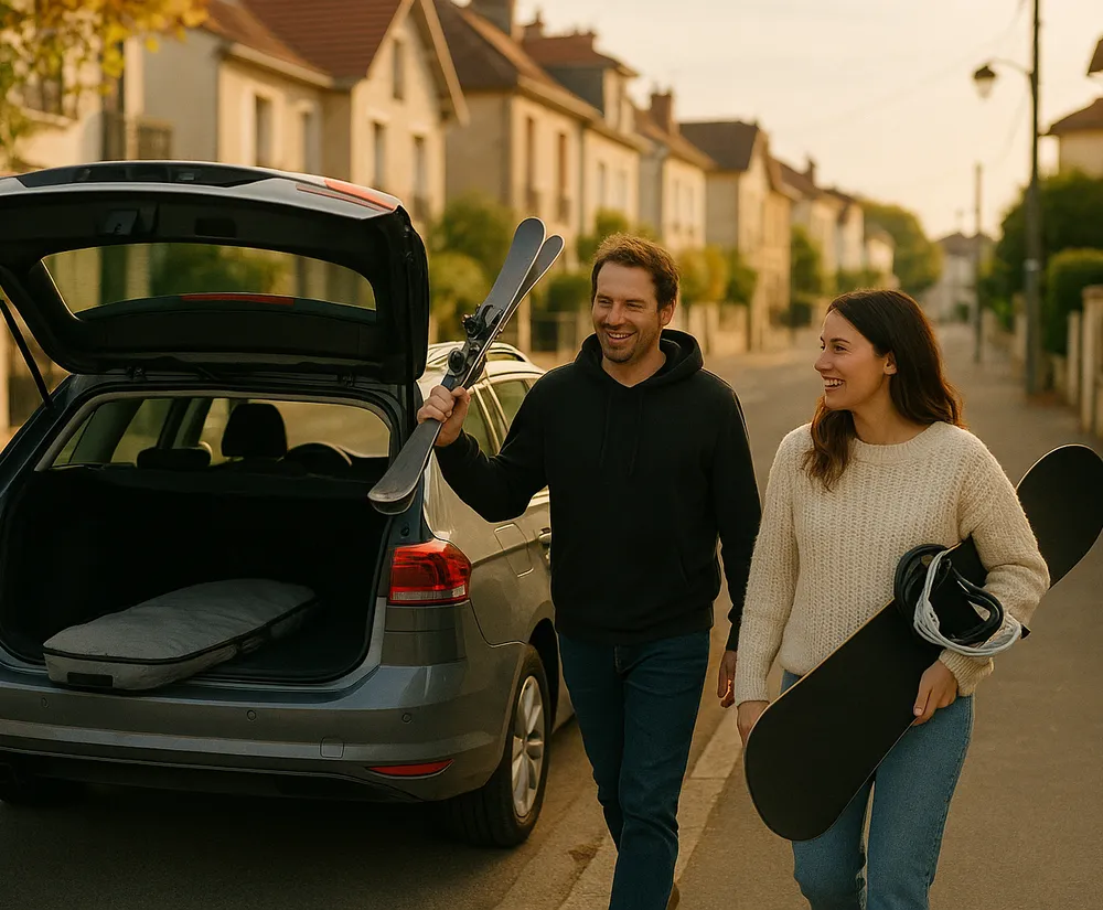 Deux particuliers apportent une paire de skis et un snowboard vers le coffre d'une voiture où attend une planche de surf.