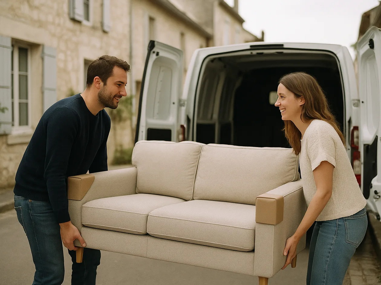 Deux particuliers portent un canapé beige protégé vers un utilitaire.