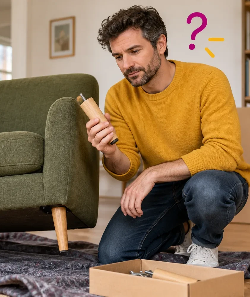 Un homme examine un pied démontable à côté d'un fauteuil vert.
