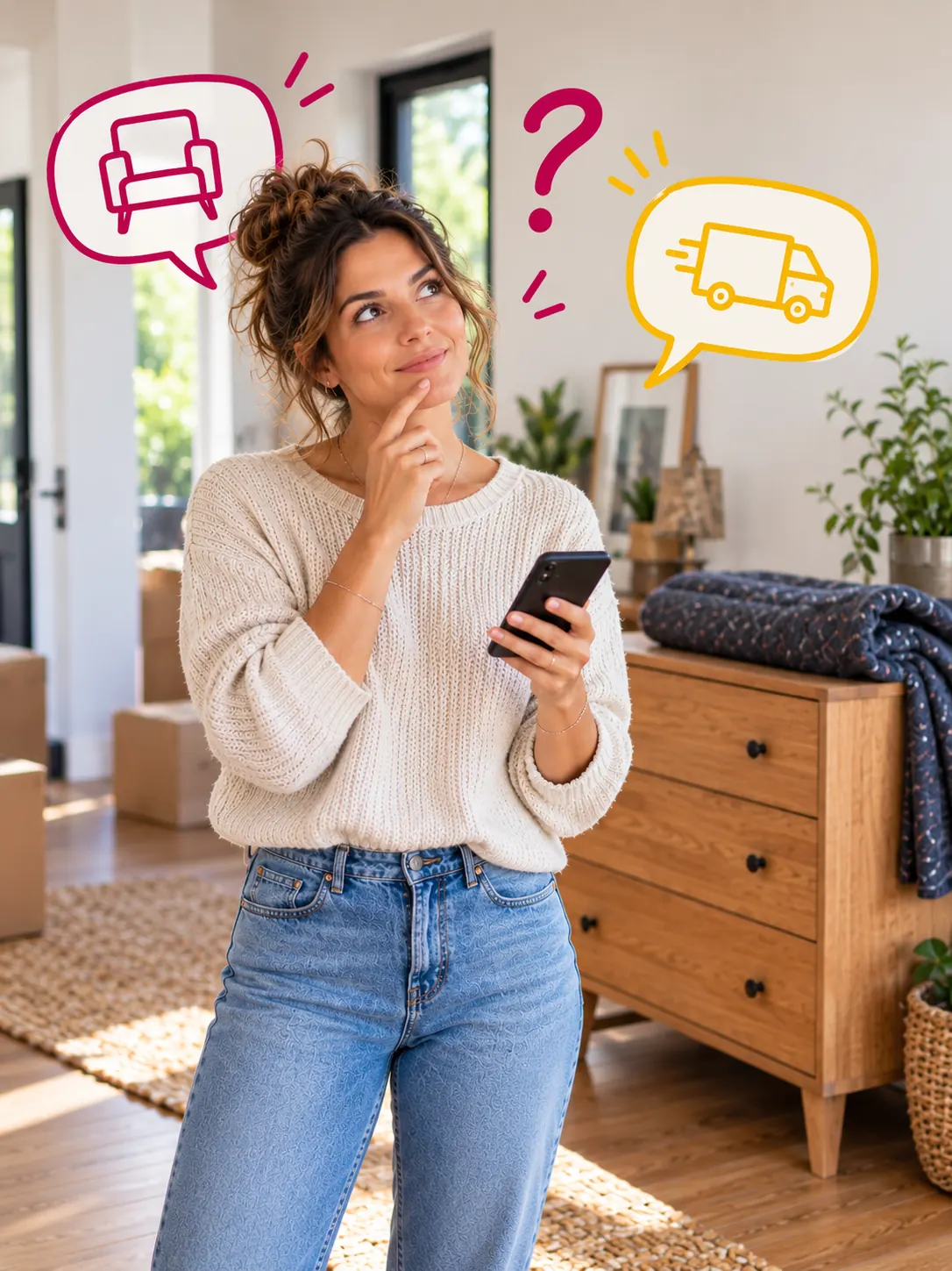 Femme consultant son smartphone pour trouver des réponses sur le transport de meubles entre particuliers.