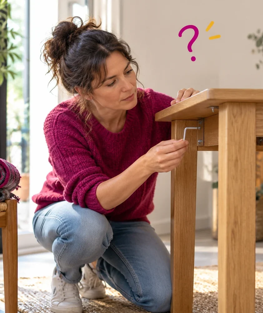 Une femme examine la fixation d'un pied de table avec une clé Allen.