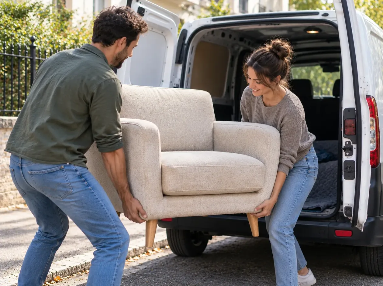 Deux particuliers transportent un fauteuil vers un véhicule utilitaire pour un transport de meuble entre particuliers.