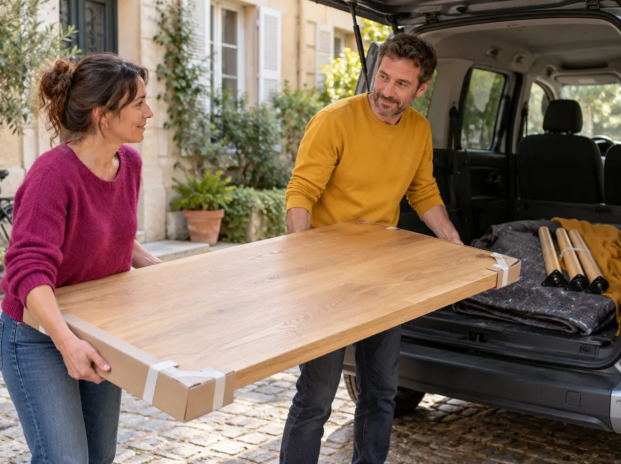 Deux particuliers chargent un plateau de table protégé dans un véhicule.