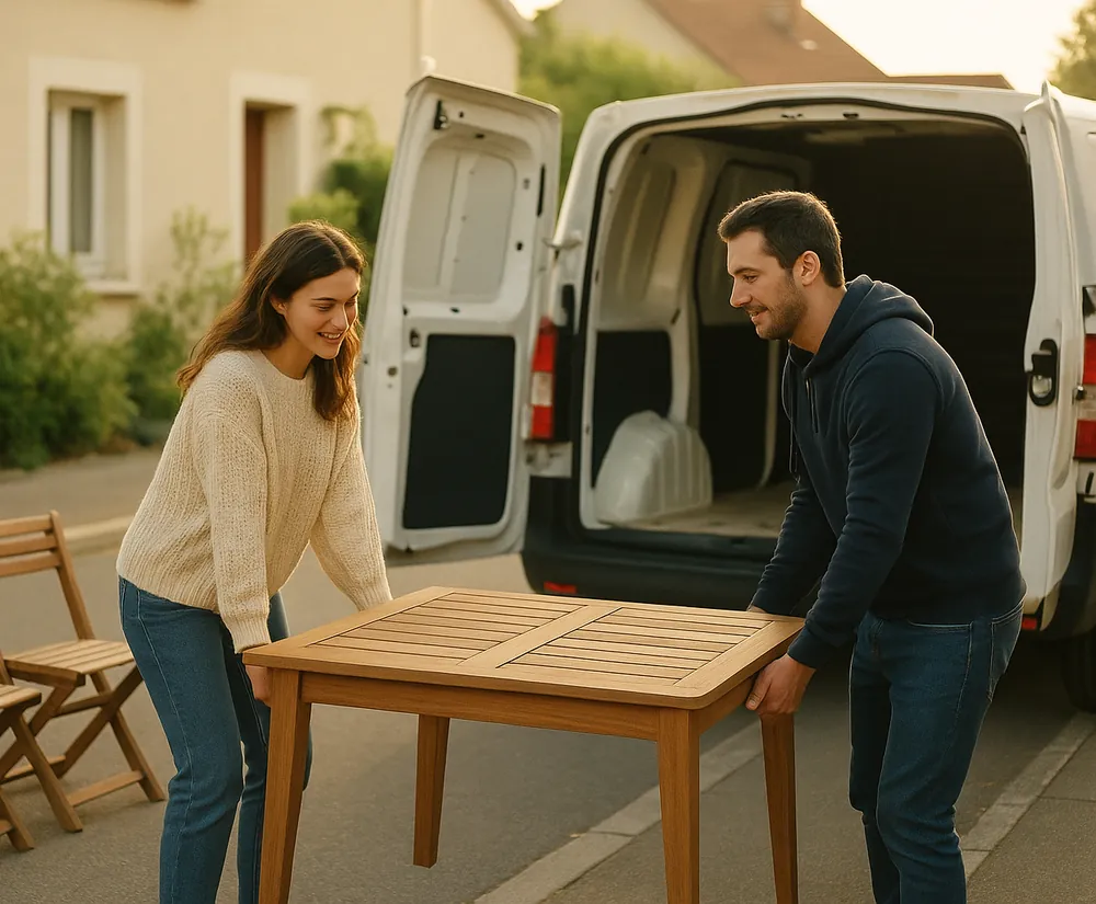 Deux particuliers portent une table de jardin en bois vers un utilitaire, près d'un parasol et de chaises pliées.