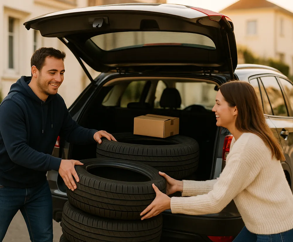 Deux particuliers chargent des pneus et un carton de pièces auto dans un coffre.