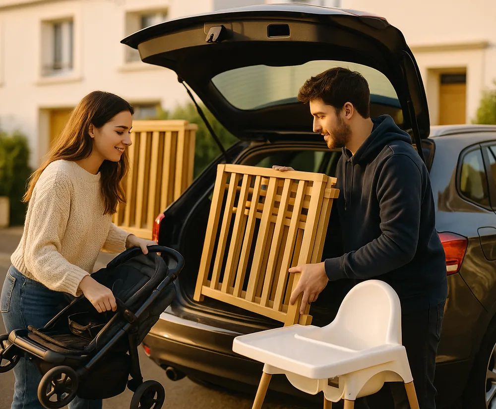 Un jeune couple charge une poussette, un lit bébé démonté et une chaise haute dans le coffre d'une voiture.