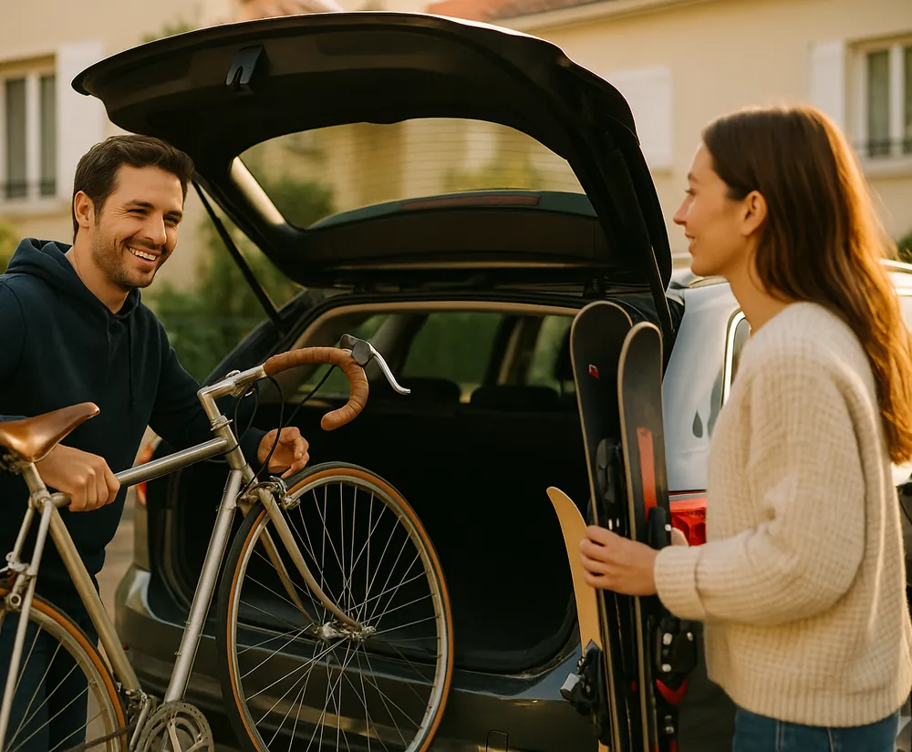 Un particulier s'apprête à charger un vélo dans le coffre d'une voiture.