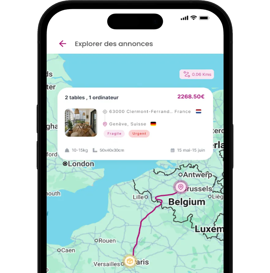 Écran de l’application Delivyou affichant des annonces de colis sur une carte.