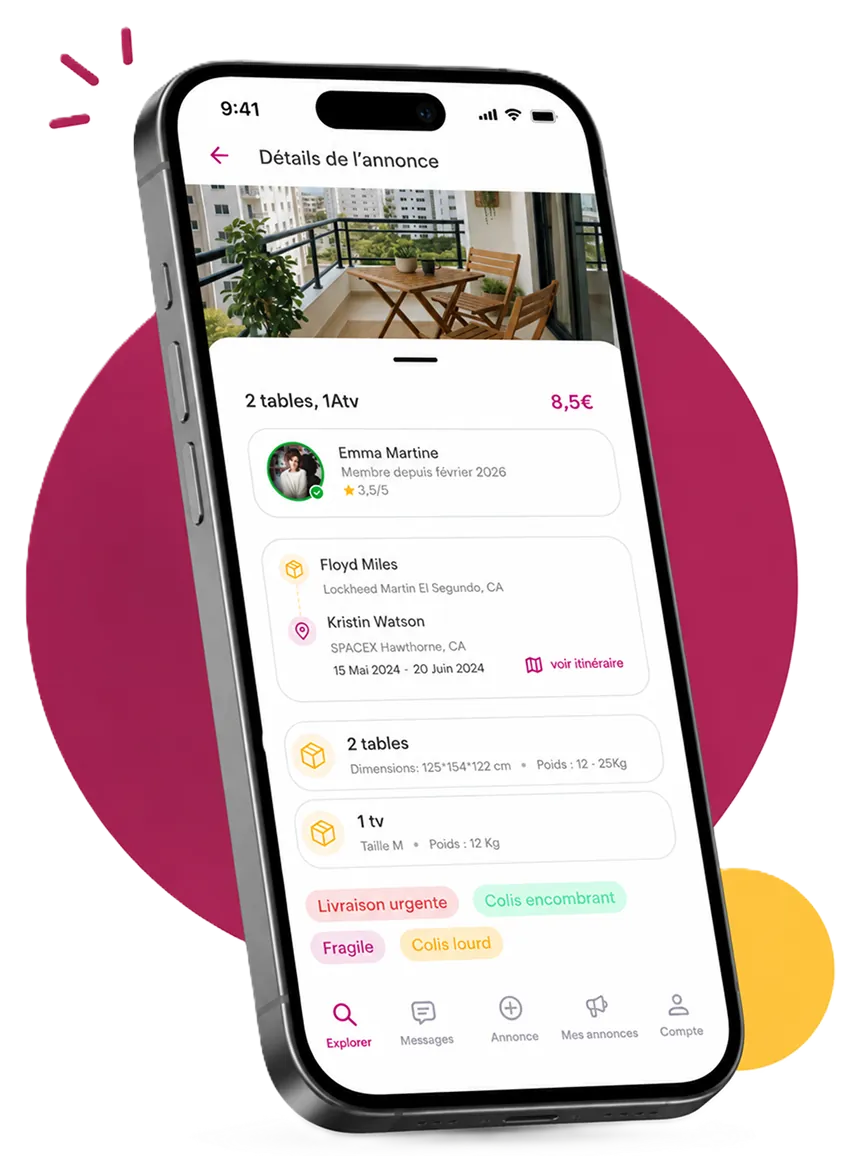 Écran de l’application Delivyou affichant le détail d’une annonce de colis.