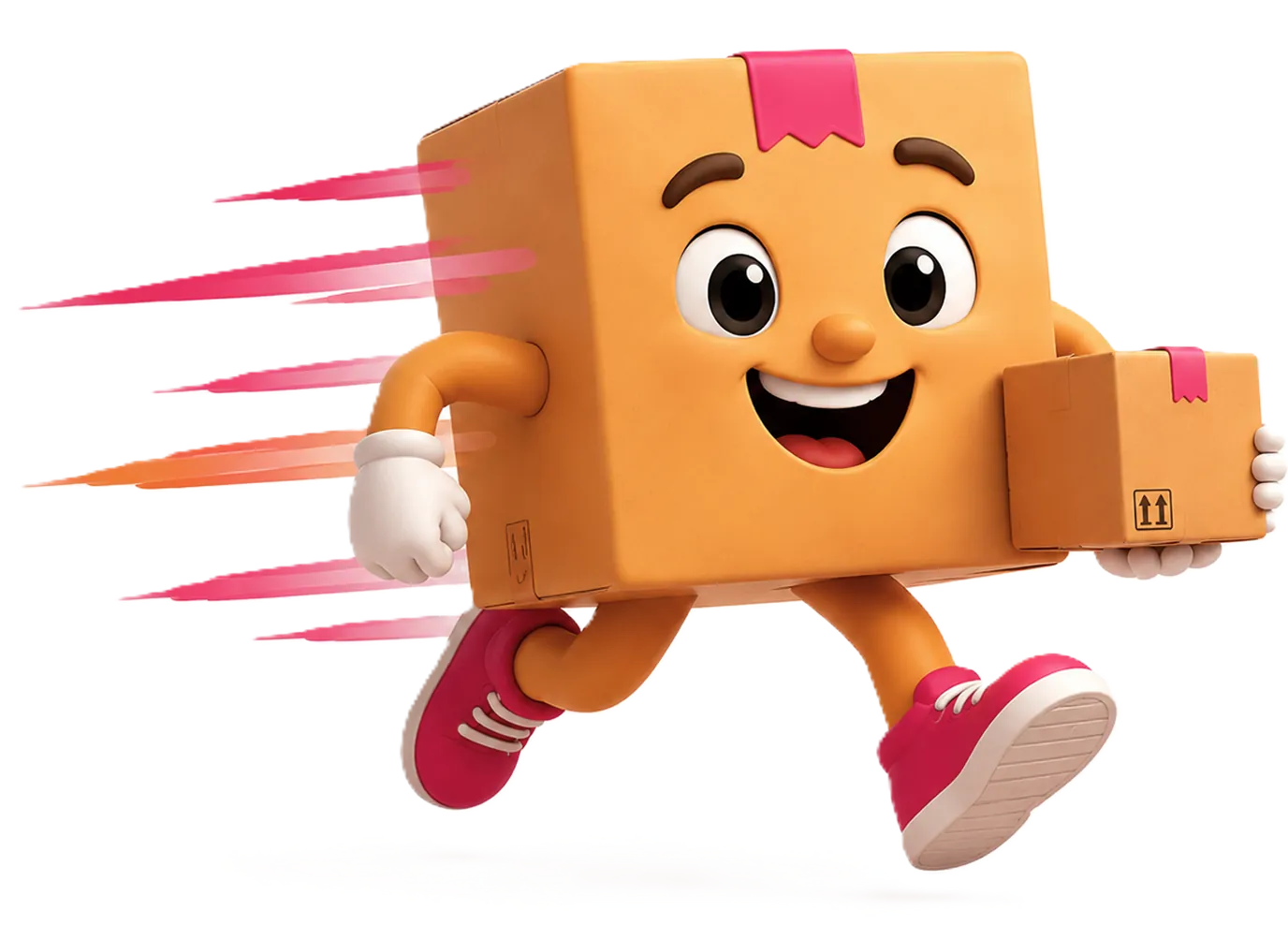 Mascotte Delivyou courant avec un colis.